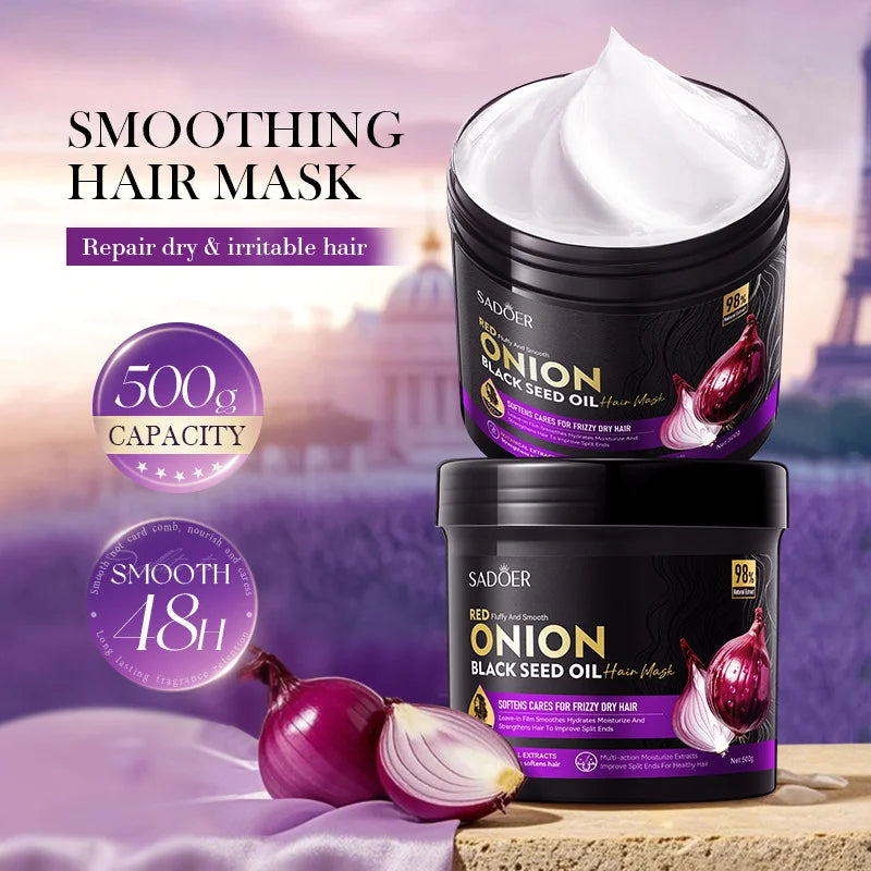 Repair Damaged Frizzy Hair SADOER Onion Black Seed Oil Softening Hair Mask Multi-Effect Hair Moisturizing Conditioner 500G