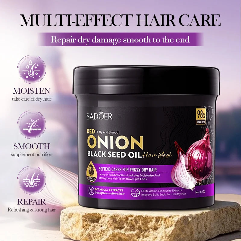 Repair Damaged Frizzy Hair SADOER Onion Black Seed Oil Softening Hair Mask Multi-Effect Hair Moisturizing Conditioner 500G